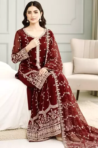 Maroon festive wear designer pure fendy silk sequence work readymade suit