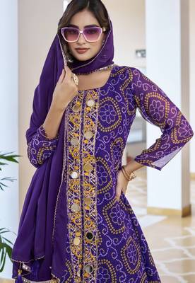 Purple festive wear designer fox georgette mirror with thread with bids look embroidery work readymade suit 3