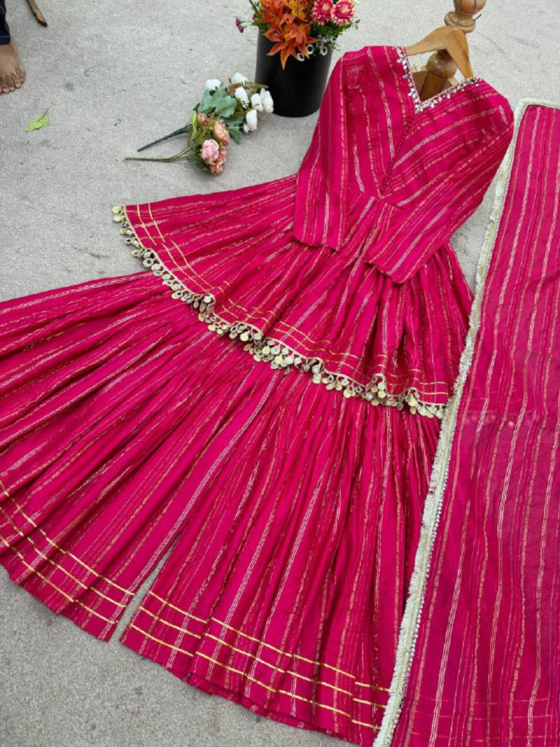Pink festive wear designer mal chanderi real mirror with handwork readymade suit