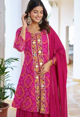 Pink festive wear designer fox georgette mirror with thread with embroidery work readymade suit 4