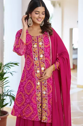 Pink festive wear designer fox georgette mirror with thread with embroidery work readymade suit