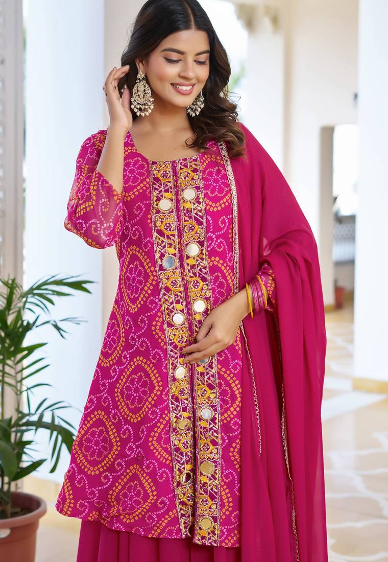 Pink festive wear designer fox georgette mirror with thread with embroidery work readymade suit