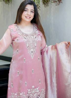 Pink festive wear designer pure jimmy choo silk embroidery sequence work readymade suit 3