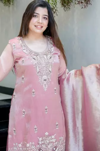 Pink festive wear designer pure jimmy choo silk embroidery sequence work readymade suit