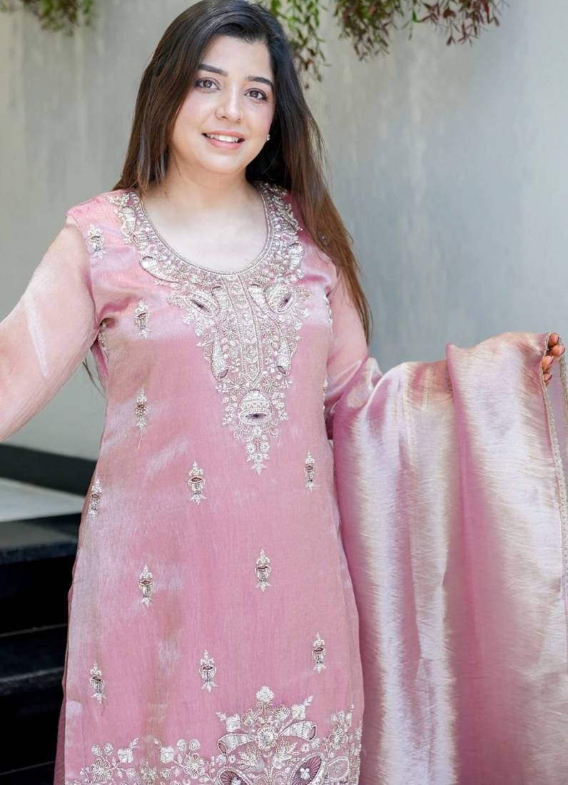 Pink festive wear designer pure jimmy choo silk embroidery sequence work readymade suit