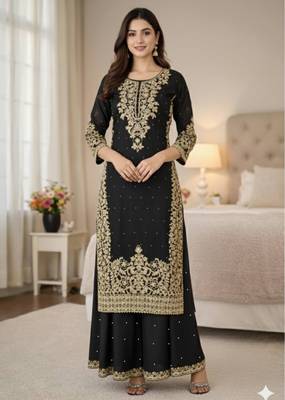 Black festive wear designer pure gmy silk heavy embroidery coding sequence work with moti work readymade suit 2