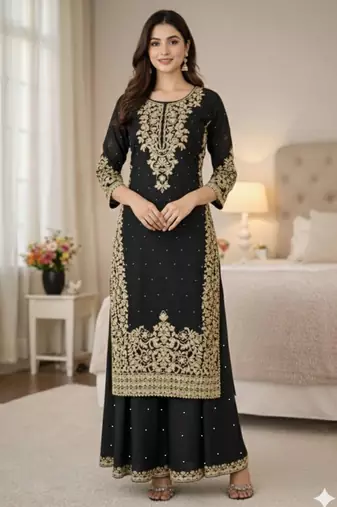 Black festive wear designer pure gmy silk heavy embroidery coding sequence work with moti work readymade suit