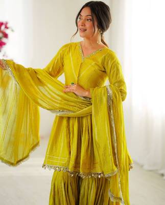 Yellow festive wear designer mal chanderi real mirror with handwork readymade suit 3