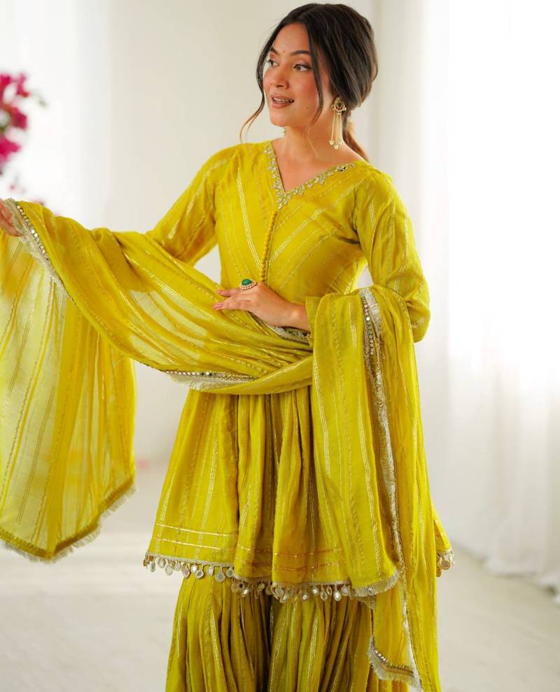 Yellow festive wear designer mal chanderi real mirror with handwork readymade suit