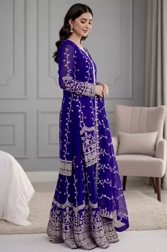 Blue festive wear designer pure fendy silk sequence work readymade suit