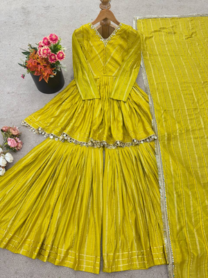 Yellow festive wear designer mal chanderi real mirror with handwork readymade suit 4