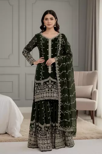 green festive wear designer pure fendy silk sequence work readmade suit