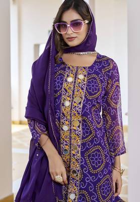 Purple festive wear designer fox georgette mirror with thread with bids look embroidery work readymade suit 4