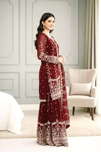 Maroon festive wear designer pure fendy silk sequence work readymade suit