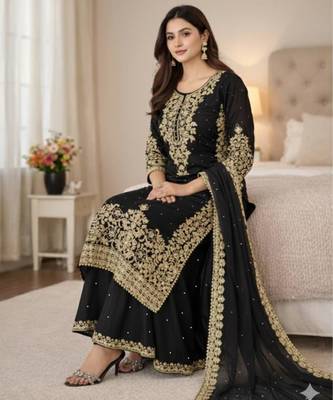 Black festive wear designer pure gmy silk heavy embroidery coding sequence work with moti work readymade suit 3