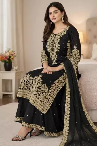Black festive wear designer pure gmy silk heavy embroidery coding sequence work with moti work readymade suit