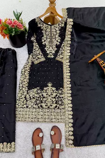 Black festive wear designer pure gmy silk heavy embroidery coding sequence work with moti work readymade suit
