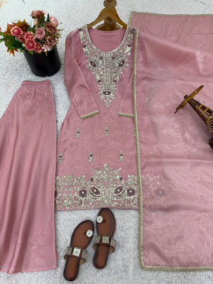 Pink festive wear designer pure jimmy choo silk embroidery sequence work readymade suit 4