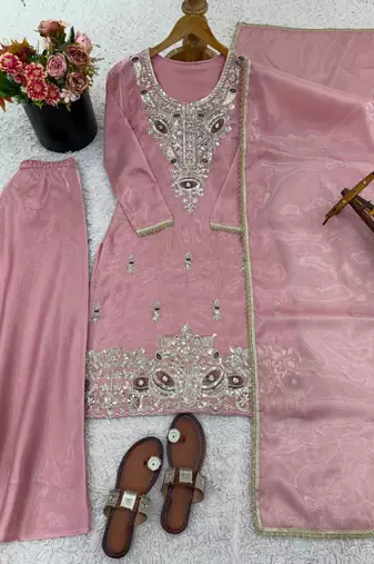 Pink festive wear designer pure jimmy choo silk embroidery sequence work readymade suit
