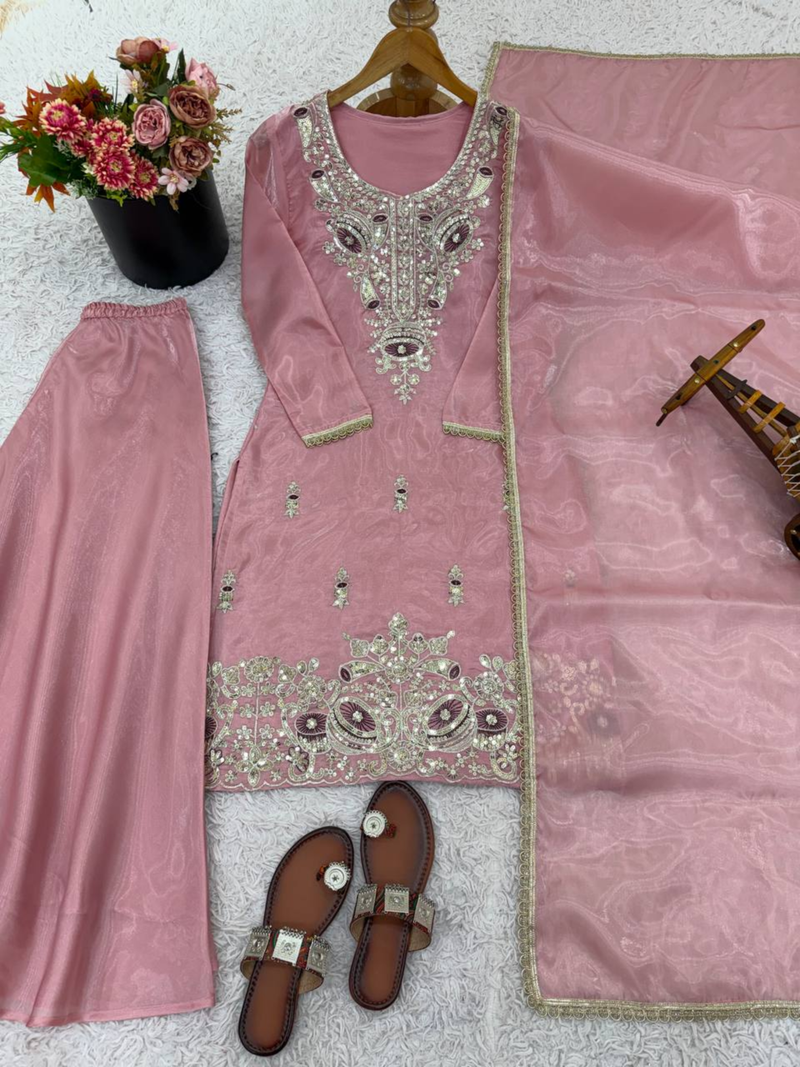Pink festive wear designer pure jimmy choo silk embroidery sequence work readymade suit