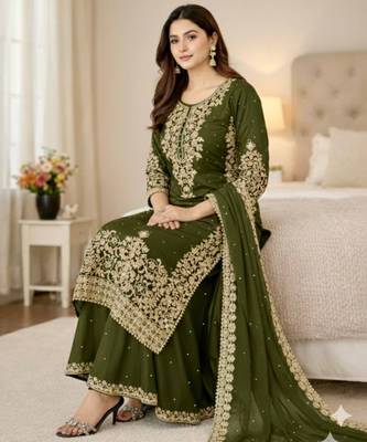 Mehendi green festive wear designer pure gmy silk embroidery coding sequence work with moti work readymade suit 3