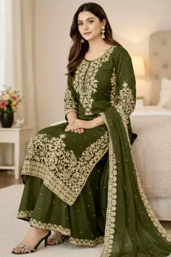 Mehendi green festive wear designer pure gmy silk embroidery coding sequence work with moti work readymade suit
