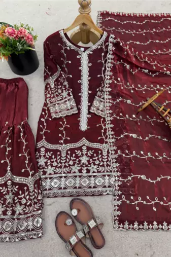 Maroon festive wear designer pure fendy silk sequence work readymade suit