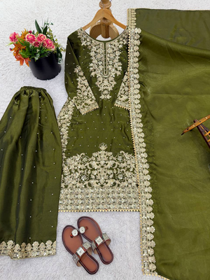 Mehendi green festive wear designer pure gmy silk embroidery coding sequence work with moti work readymade suit 4