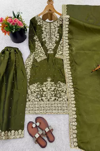 Mehendi green festive wear designer pure gmy silk embroidery coding sequence work with moti work readymade suit