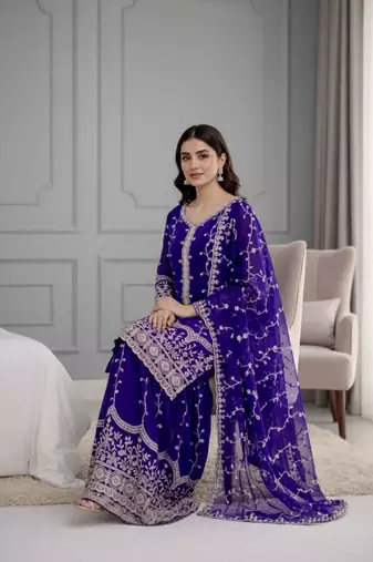 Blue festive wear designer pure fendy silk sequence work readymade suit