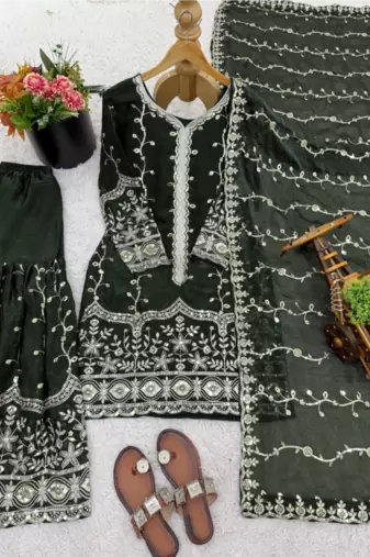 green festive wear designer pure fendy silk sequence work readmade suit