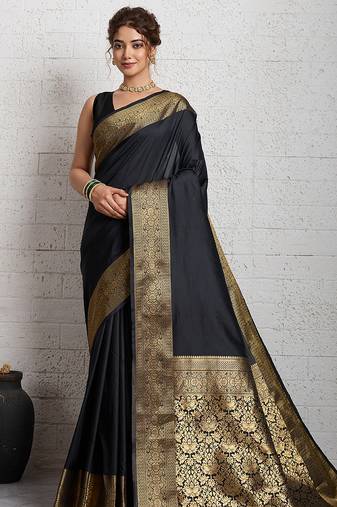 Black woven, self design, embellished pure silk banarasi saree with blouse