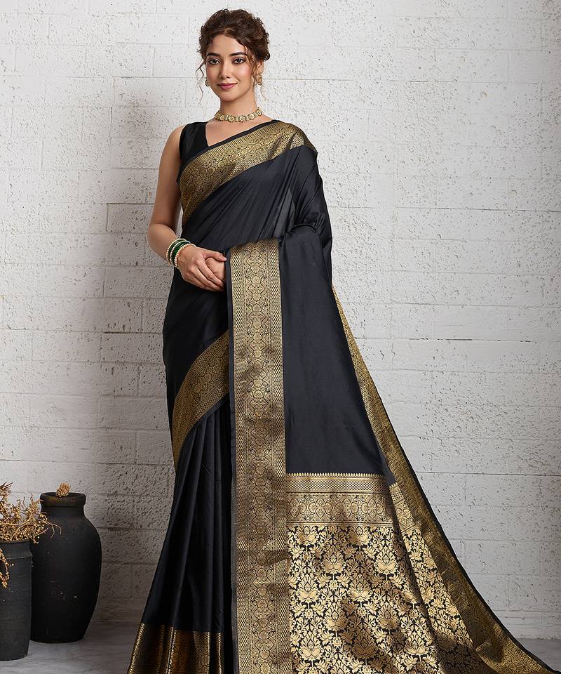 Black woven, self design, embellished pure silk banarasi saree with blouse