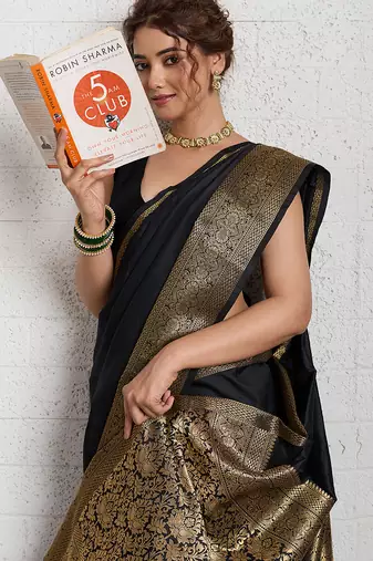 Black woven, self design, embellished pure silk banarasi saree with blouse