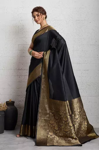 Black woven, self design, embellished pure silk banarasi saree with blouse