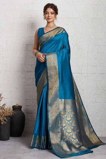 Blue woven, self design, embellished pure silk banarasi saree with blouse