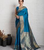 Blue woven, self design, embellished pure silk banarasi saree with blouse