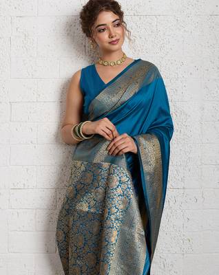 Blue woven self design embellished silk blend banarasi saree with blouse 2