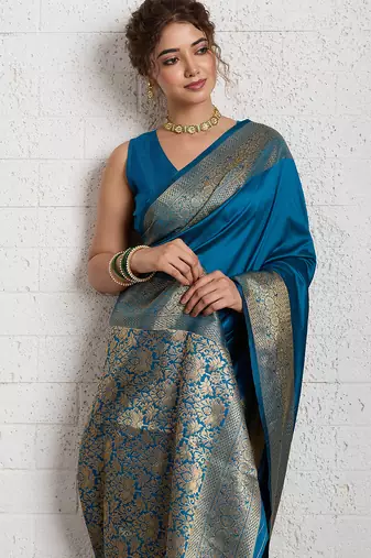 Blue woven, self design, embellished pure silk banarasi saree with blouse