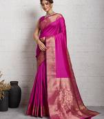 Dark pink woven, self design, embellished pure silk banarasi saree with blouse