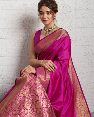 Dark pink woven self design embellished silk blend banarasi saree with blouse 2