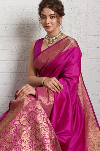 Dark pink woven, self design, embellished pure silk banarasi saree with blouse