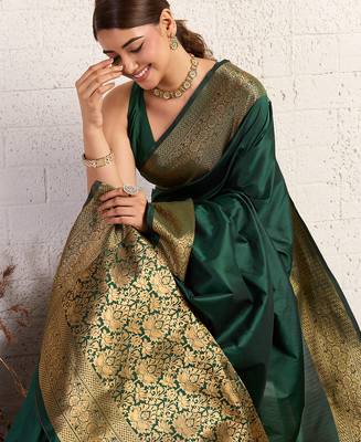 Green woven self design embellished silk blend banarasi saree with blouse 2