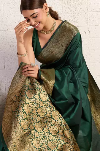Green woven, self design, embellished pure silk banarasi saree with blouse