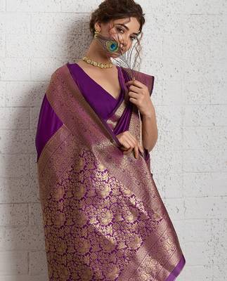 Magenta woven self design embellished silk blend banarasi saree with blouse 2