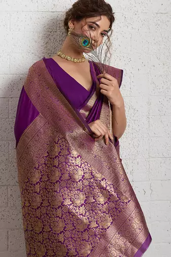 Magenta woven, self design, embellished pure silk banarasi saree with blouse