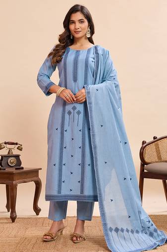 Women's sky blue printed straight kurta pant dupatta set