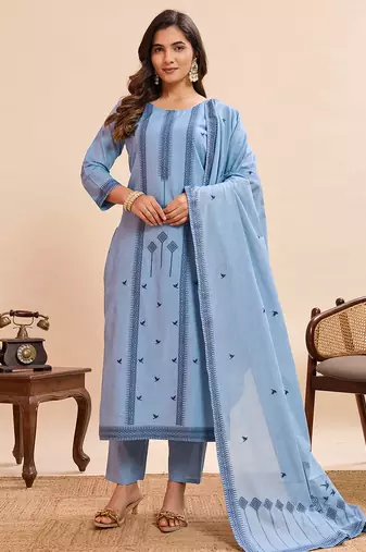 Women's sky blue printed straight kurta pant dupatta set