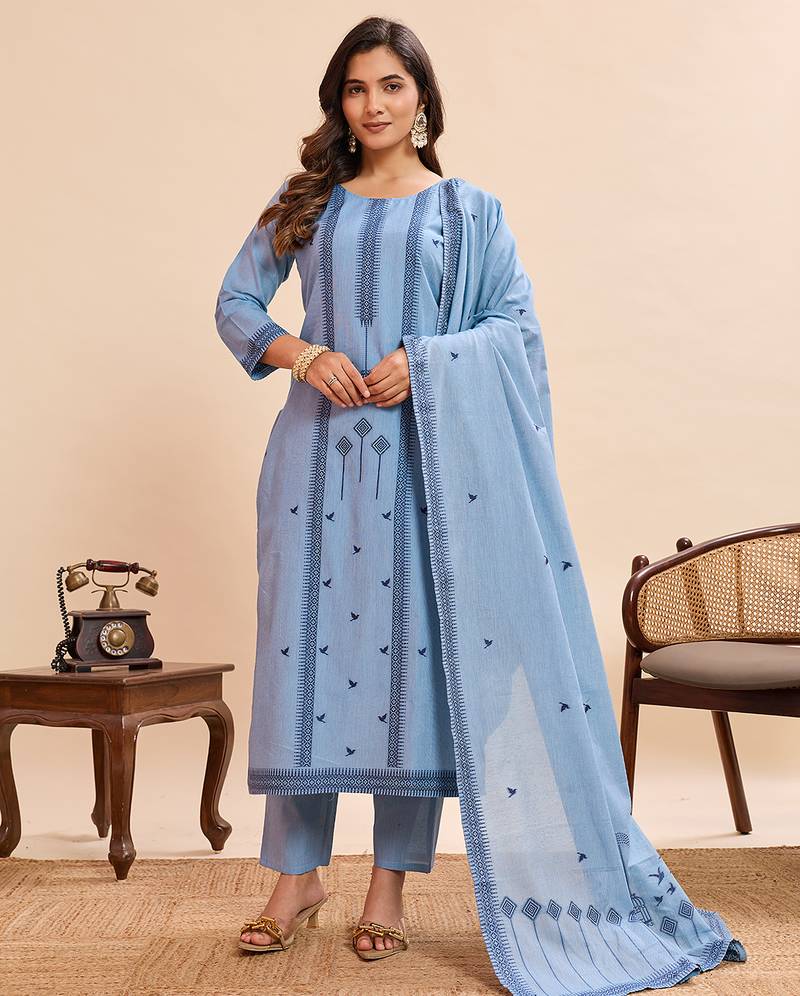 Women's sky blue printed straight kurta pant dupatta set