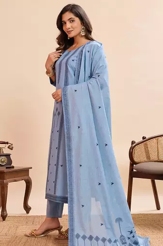 sky blue printed straight kurta pant dupatta set